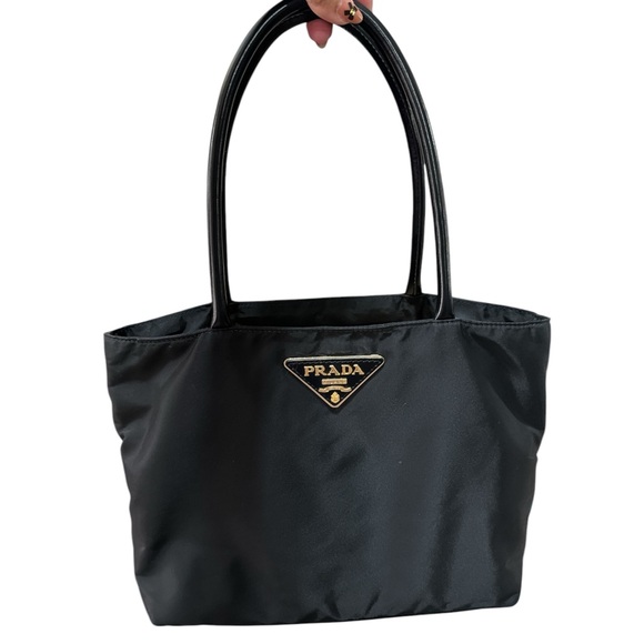 PRADA Tessuto Tote Bag Nylon with Gold Triangle Large Logo Plate Shoulder Bag - Picture 16 of 16